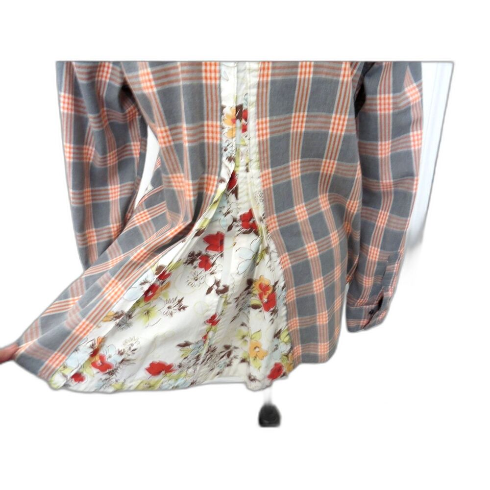 billy T Women's Mixed Media Split-back Plaid Western Shirt Gray/Peach L EUC - Picture 7 of 13